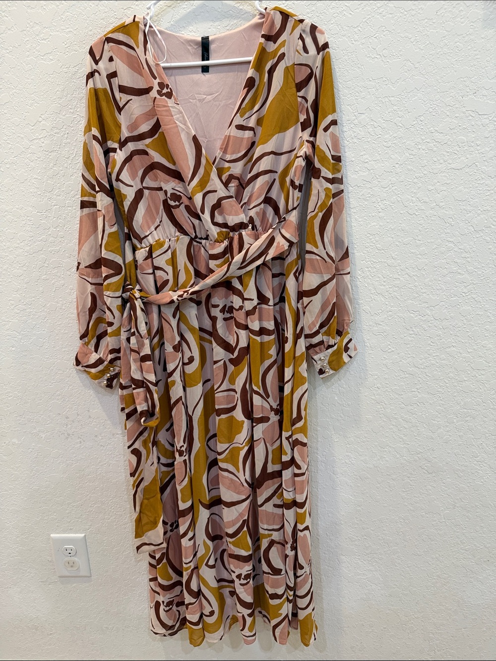 Abstract Floral Wrap Maxi Dress in Blush, Mustard, Brown